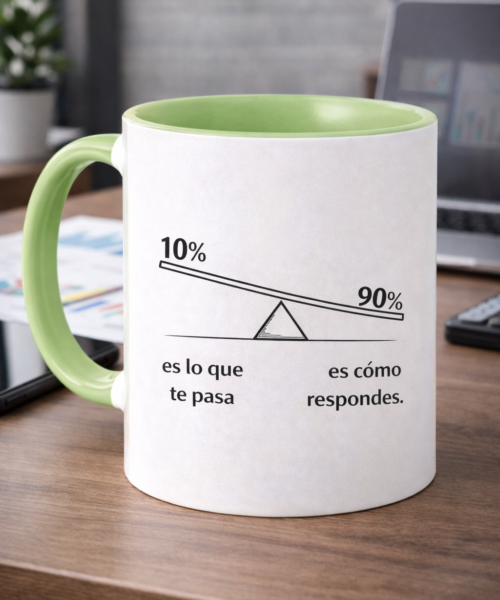 Ceramic Mug - Motivational Phrase / Taza de Ceramica - Frase motivacional "El 10% es lo que te pasa y el 90% como respondes" VERDE